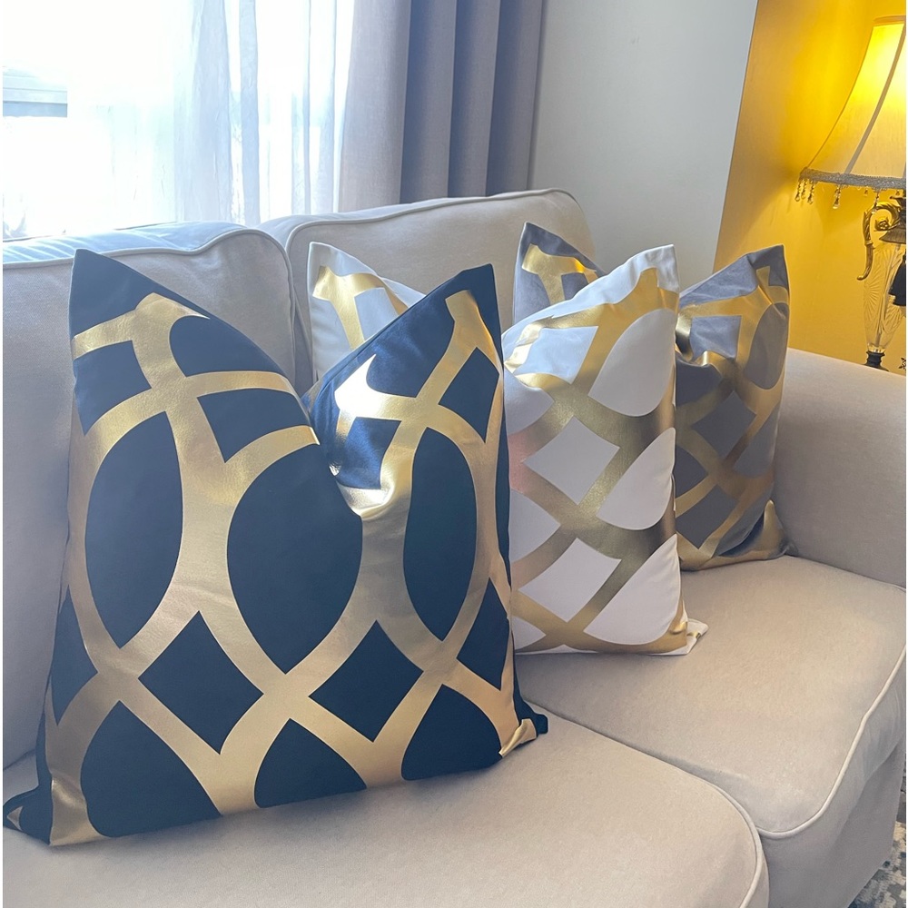 Two Luxury velvet  pillow grey,white, black with foil gold print Cover - Picture 13 of 17